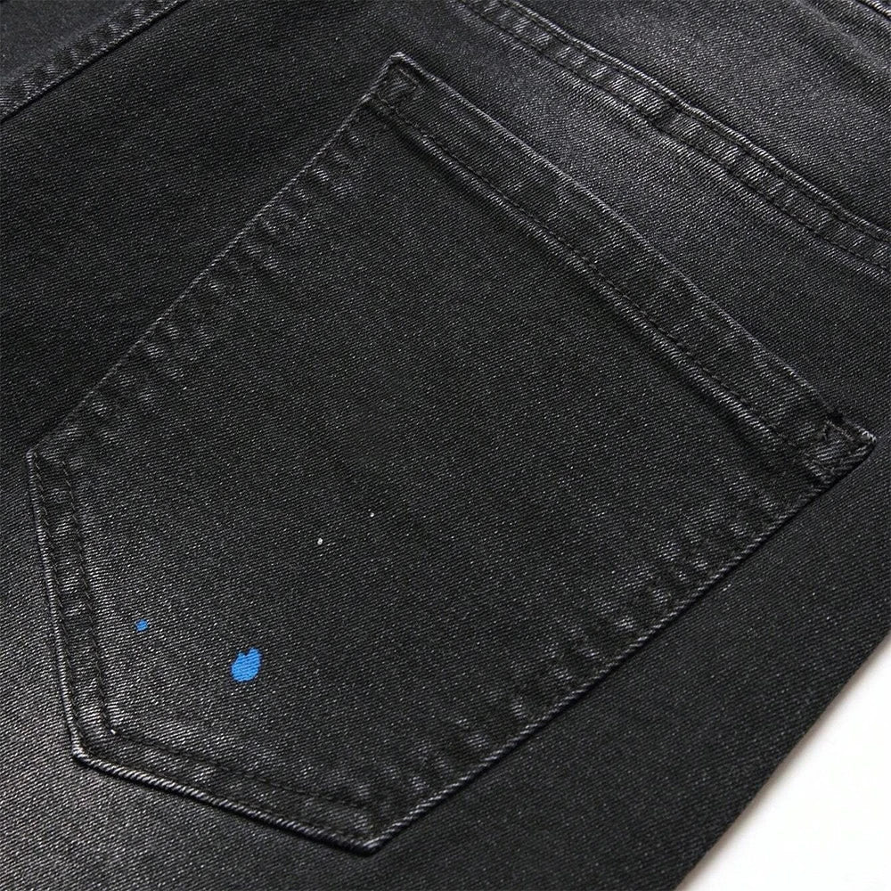 Men's Y2K Fashion Ripped Patchwork Hole Straight Black Jeans Slim Fit