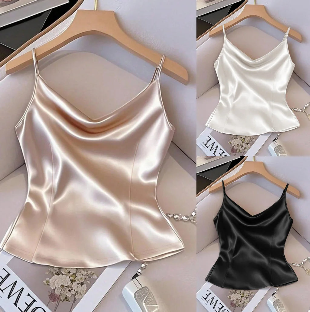 Basic Satin Tank Tops 2026 Summer Women Strap V Neck Basic Slim Waist