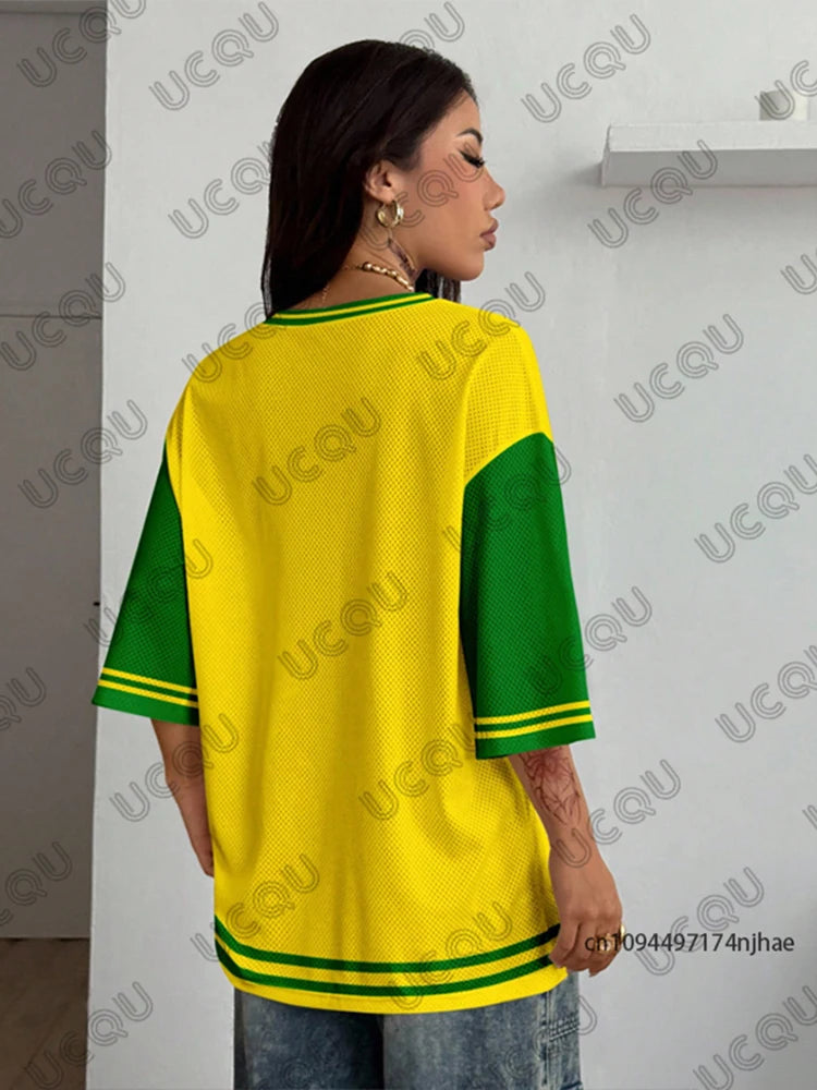 Summer New Brazil Print T Shirt For Women V-Neck Patchwork Short