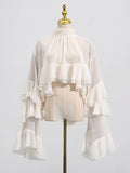 TWOTWINSTYLE Solid Loose Sheer Blouses for Women High Neck Long