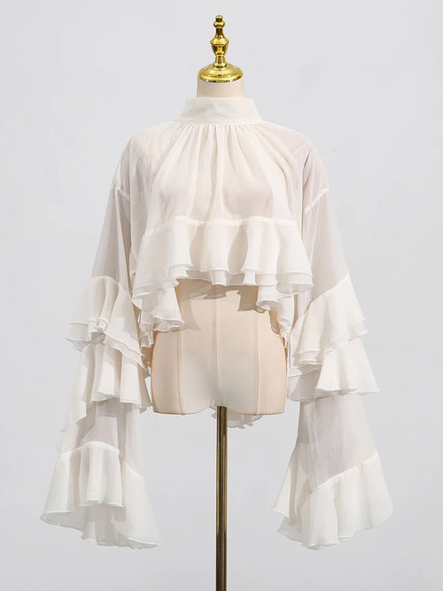 TWOTWINSTYLE Solid Loose Sheer Blouses for Women High Neck Long