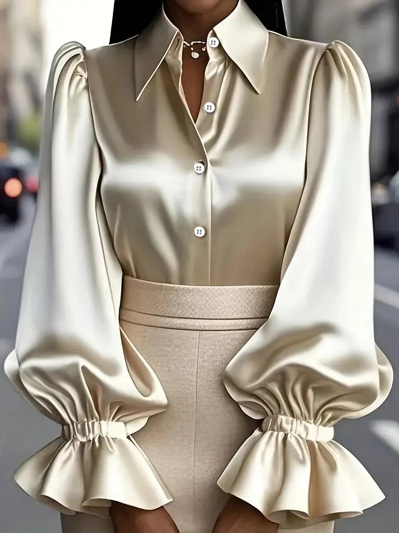 Elegant Satin Blouse with Ruffled Cuff Sleeves and Button-Down Collar