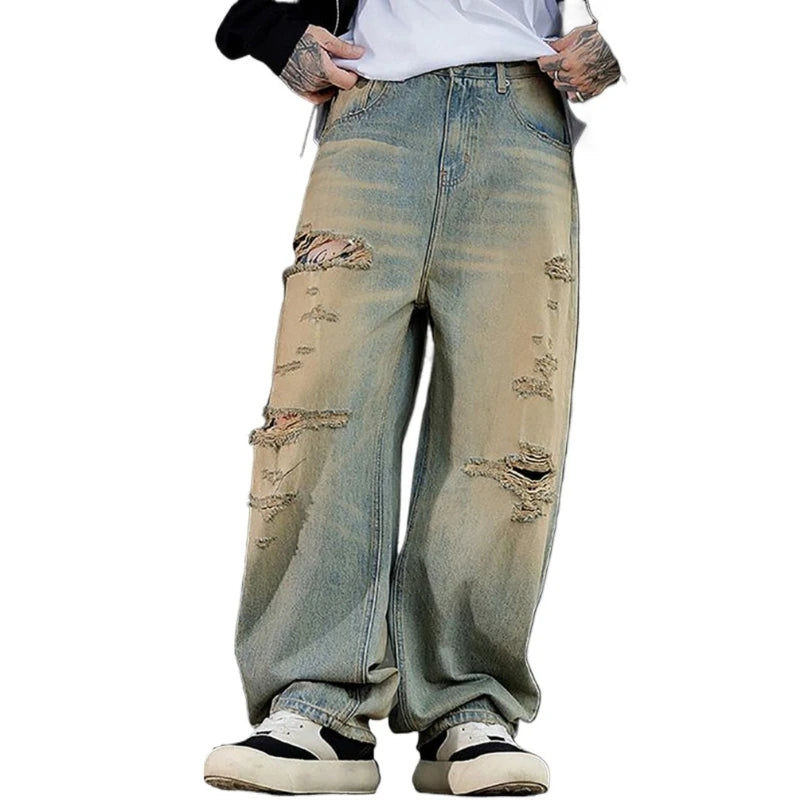 Fashionable Ripped Men's Jeans High Street Vintage Washed Pure Cotton