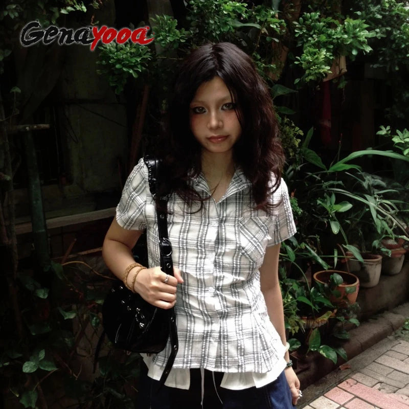 Genayooa Y2k Japanese Shirt Women Slim Short Sleeve Plaid Tee Tops