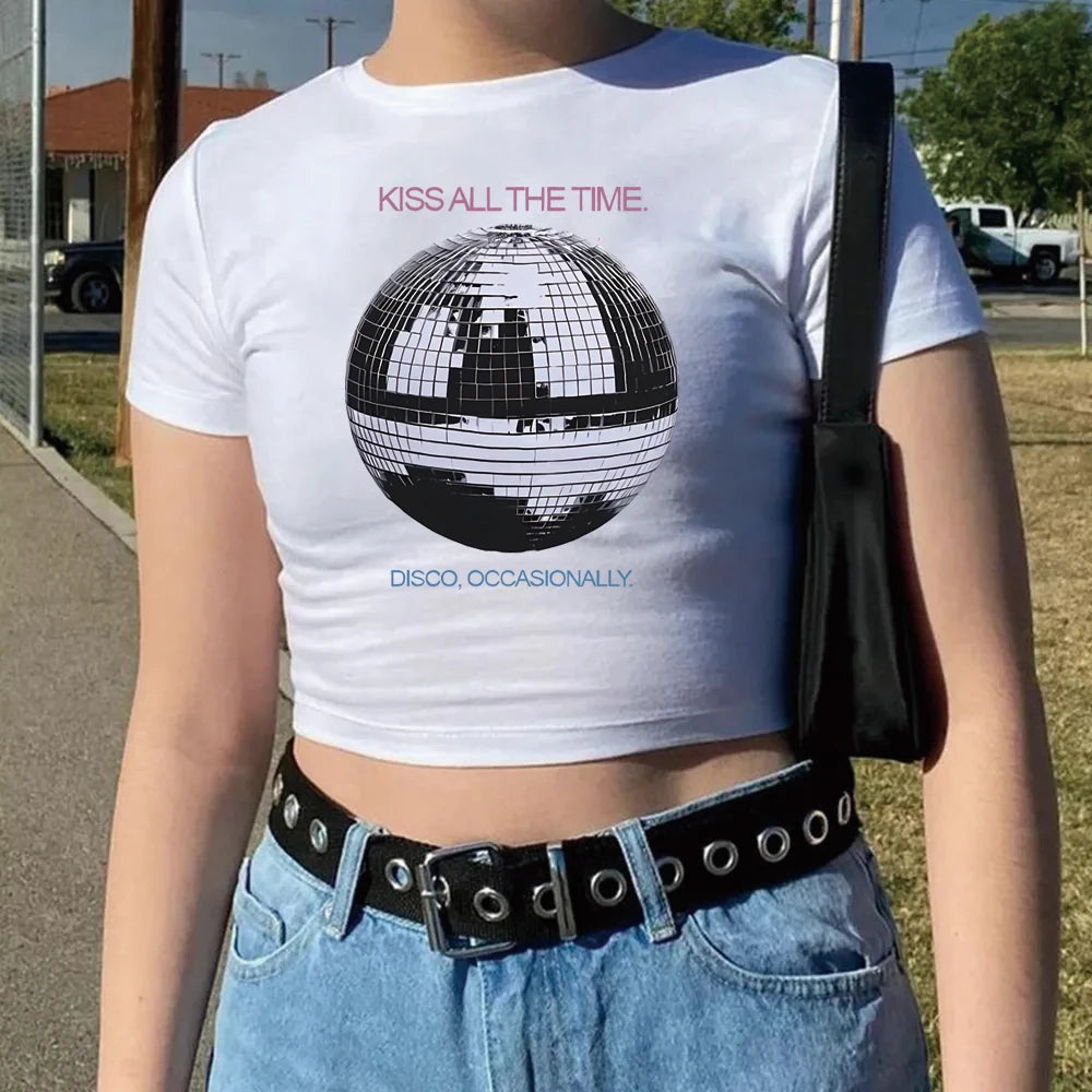 Kiss All The Time Disco Crop Top Disco Ball Shirt Concert Tee Music