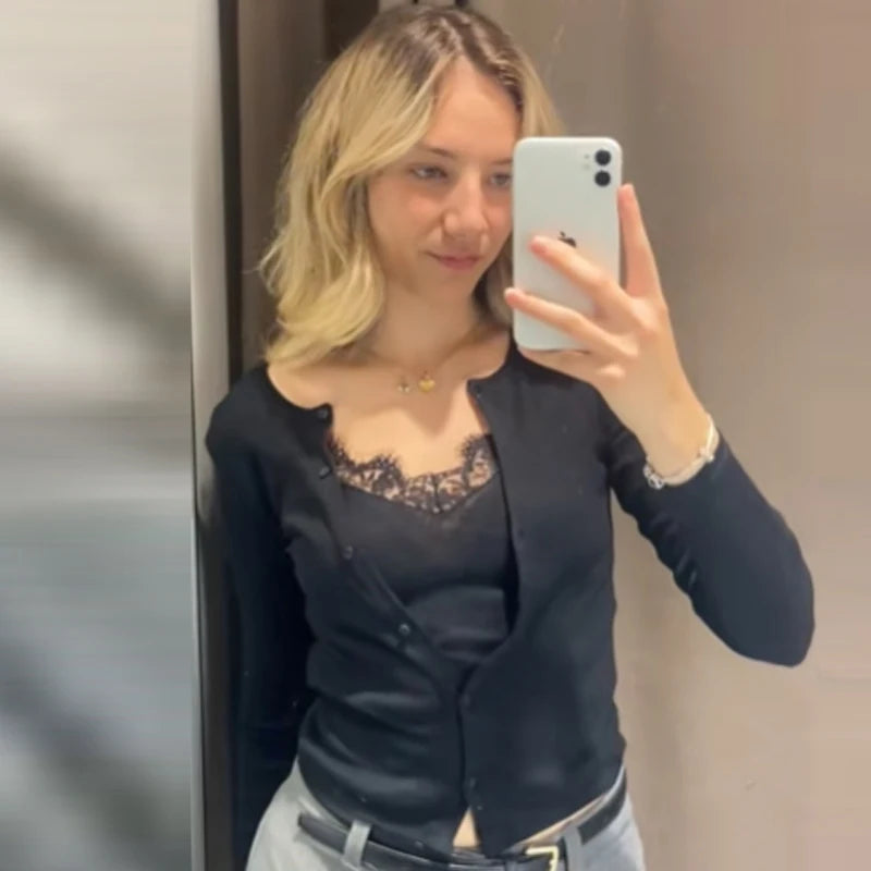 HXAO Cropped Lace Top Woman Blouses Autumn Grey Beige Shirts & Blouses