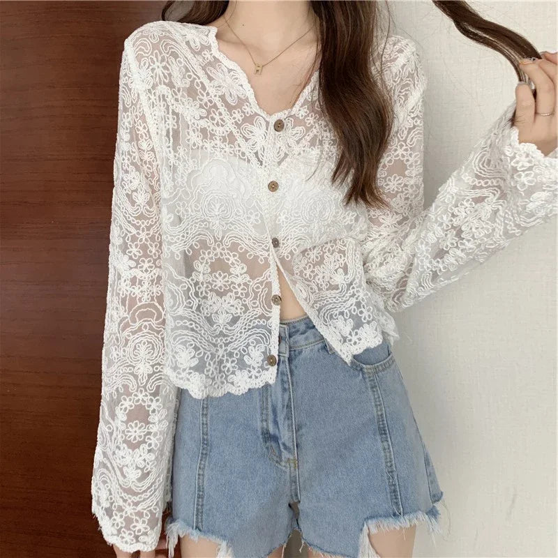Vintage Summer Lace Blouses Women See Through Sheer Long Sleeve Sun