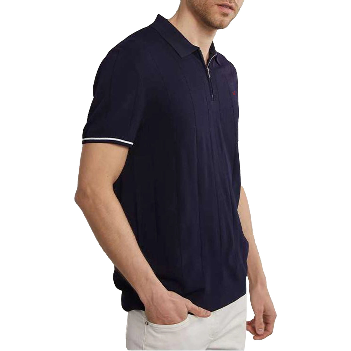 CH Men's Knitted Polo Shirt Half Zipper Lapel Short Sleeve Solid Color