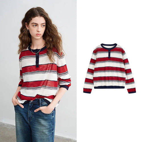 TOYOUTH Women Slub Linen Knit Tops 2026 Spring New Sporty Striped