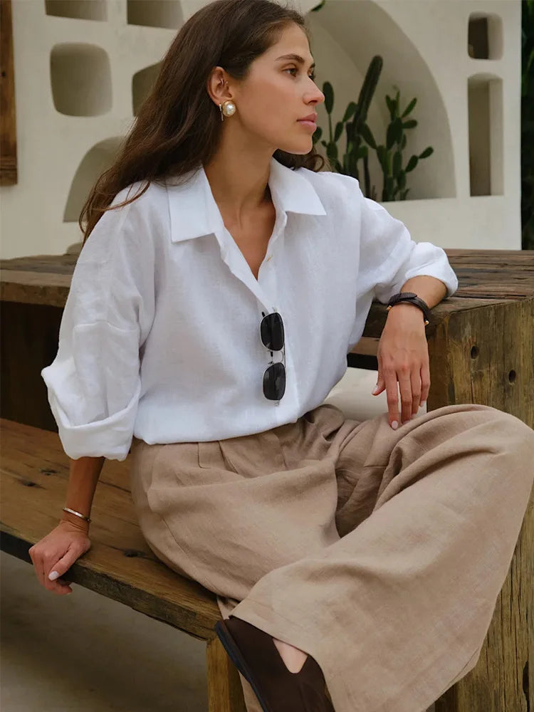 Spring Women's Linen Shirts Long Sleeve White Lapel Casual Solid
