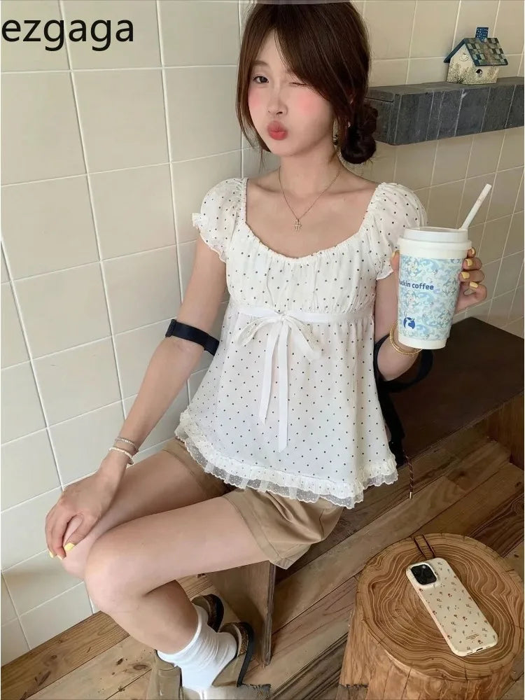 Ezgaga Shirts Women Sweet Polka Dot Lace Patchwork Puff Short Sleeve