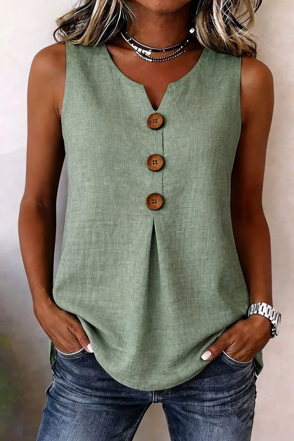 Summer 2026 Women's Blouses Fashion Button Cotton Linen Sleeveless