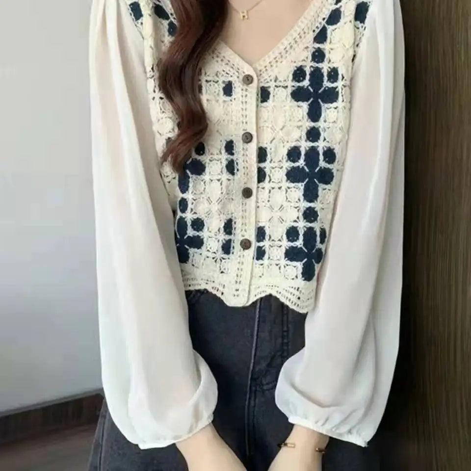 Women's Crochet Blouse with Chiffon Sleeve Button Front Crop Tops