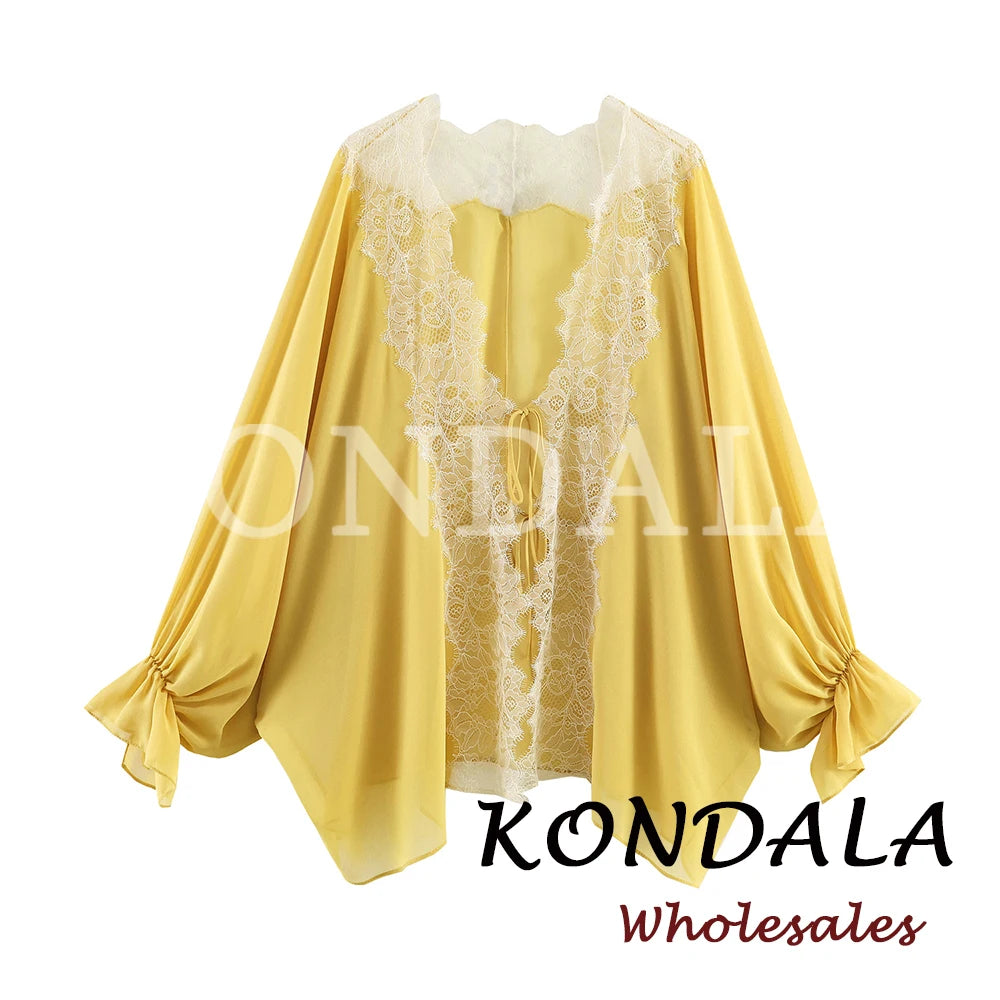 KONDALA Chic Summer Casual Women Lace-up 2026 Loose Patchwork Yellow