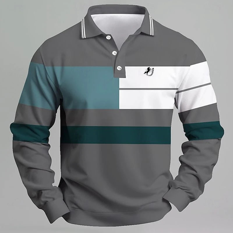 Logo Men's Long Sleeve Polo Shirt Color Block Striped Design Spring