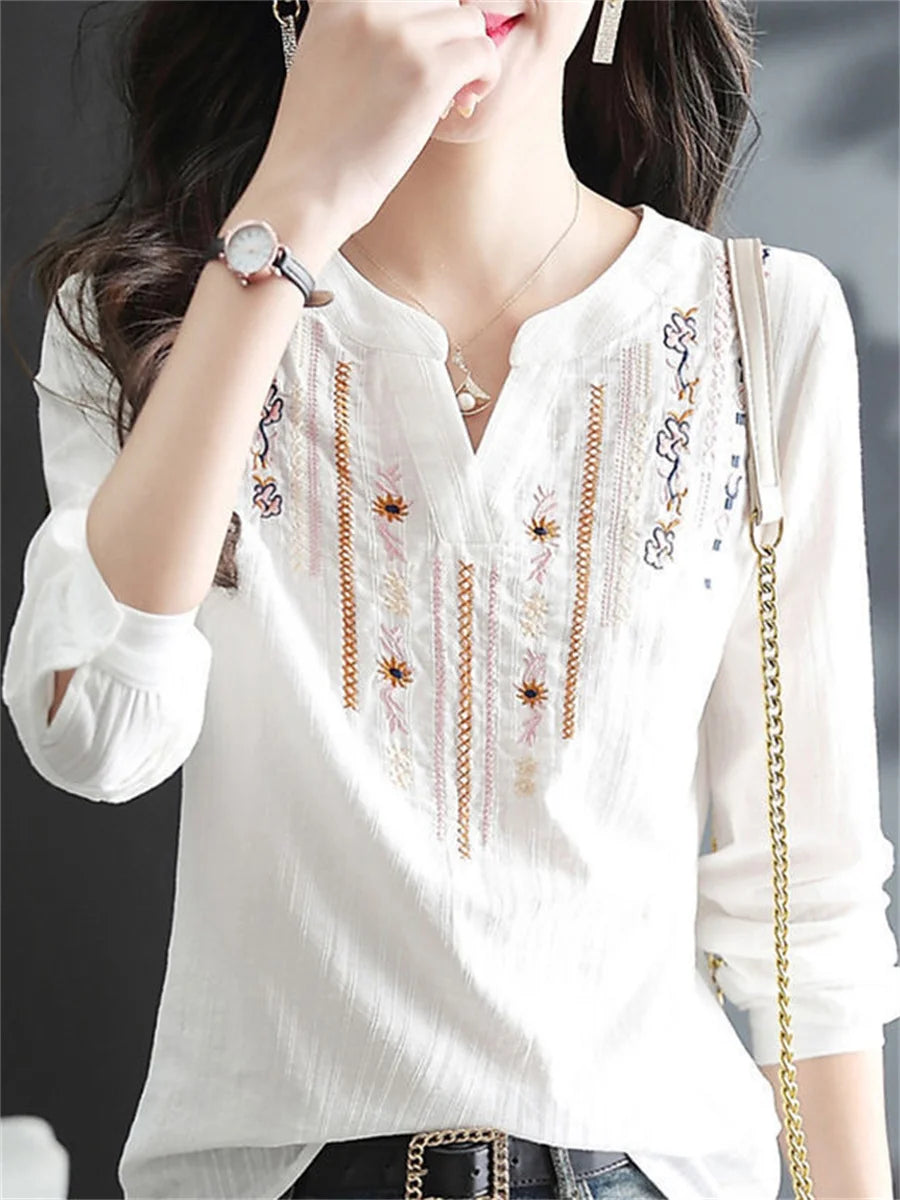 Women Spring Autumn White Blouses Tops Lady Casual Embroidery V-Neck