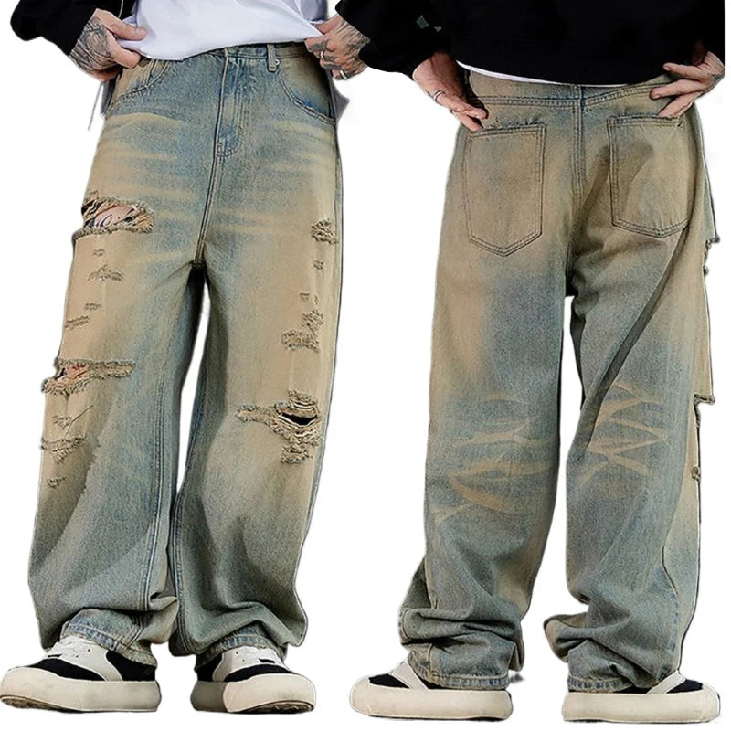 Fashionable Ripped Men's Jeans High Street Vintage Washed Pure Cotton