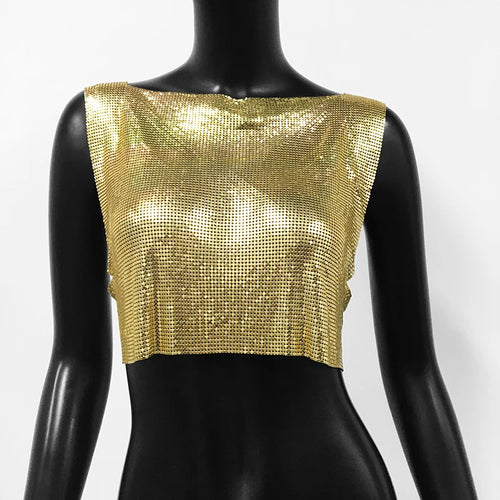 2024 New Shiny Metal Sequins Tank Top Sexy Round Neck Backless