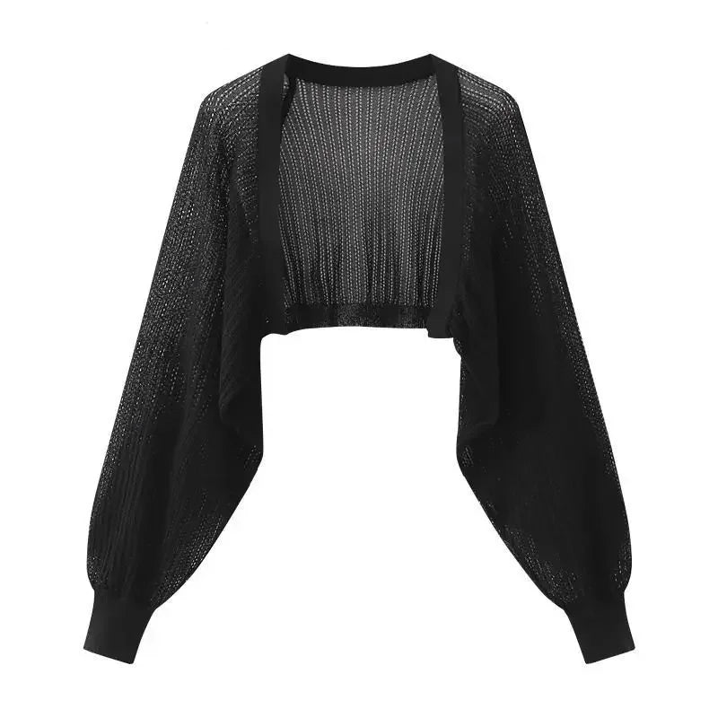 Open Front Pointelle Knitted Cardigan Women Bolero Crop Top Spring