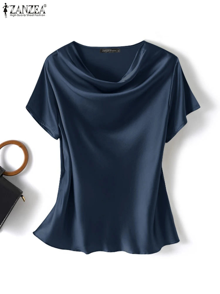 ZANZEA Summer Fashion Satin Blouse Women Short Sleeve Solid Shirt