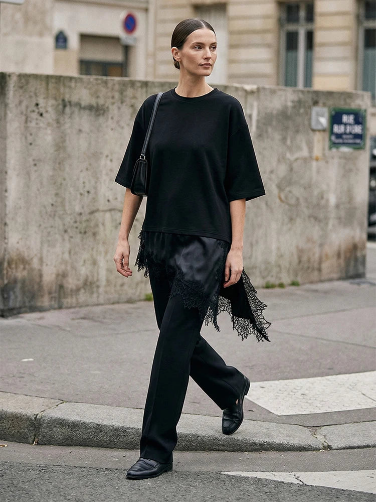 Willshela Women Fashion Solid Lace Patchwork Asymmetrical Shirt