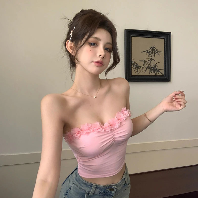 Flower Strapless Women Summer Sweet Holiday Sexy Pleated Cropped Tops