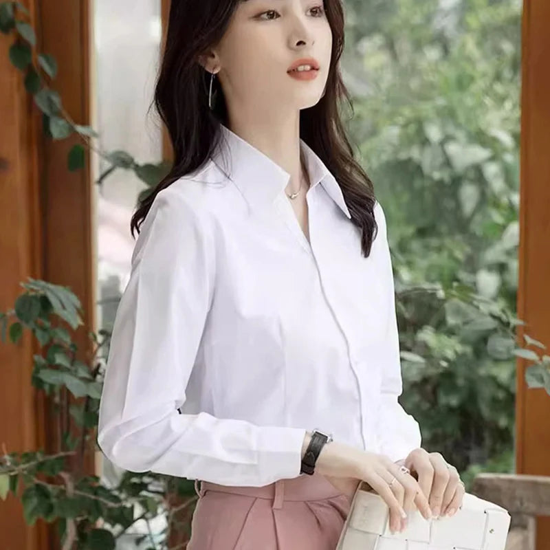 Professional White Shirt Women Office Lady Slim Fit Formal Blouse