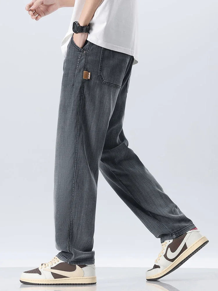 2024 Summer Thin Lyocell Loose Straight Jeans Male Soft Stretch