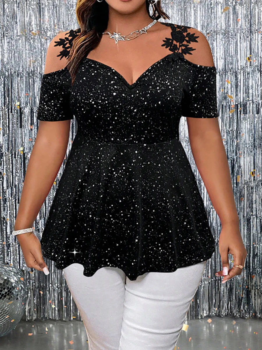 Plus Size Glitter Peplum Top Cold-Shoulder Stretchy Party Blouse Glam