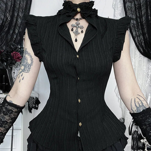 Goth Dark 90s Grunge Single Breasted Slim Wasit Shirt Blouses Women