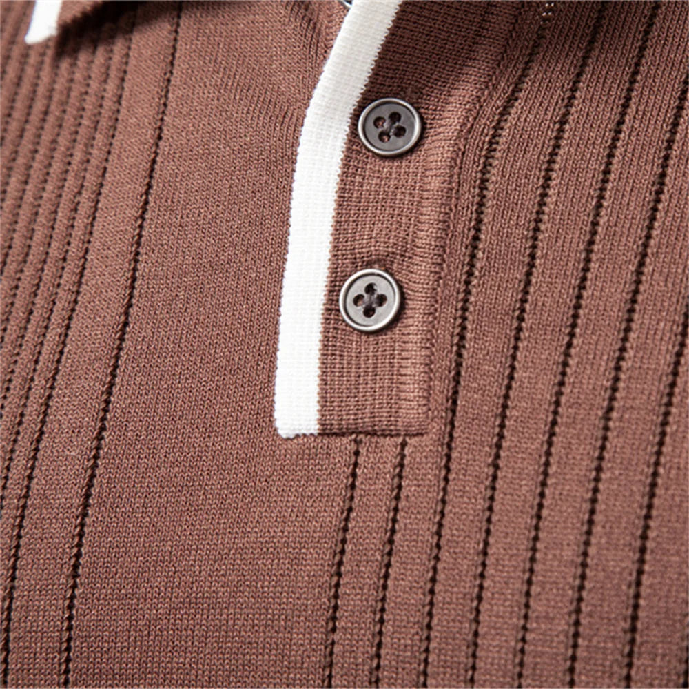 2025 Button Down Polo Shirt Men Solid Color Stripe Long Sleeve Fall