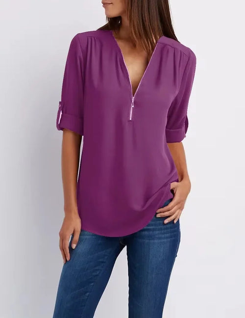 2024 Hot Sale Women Cool Loose Shirt Deep V Neck Chiffon Fashion