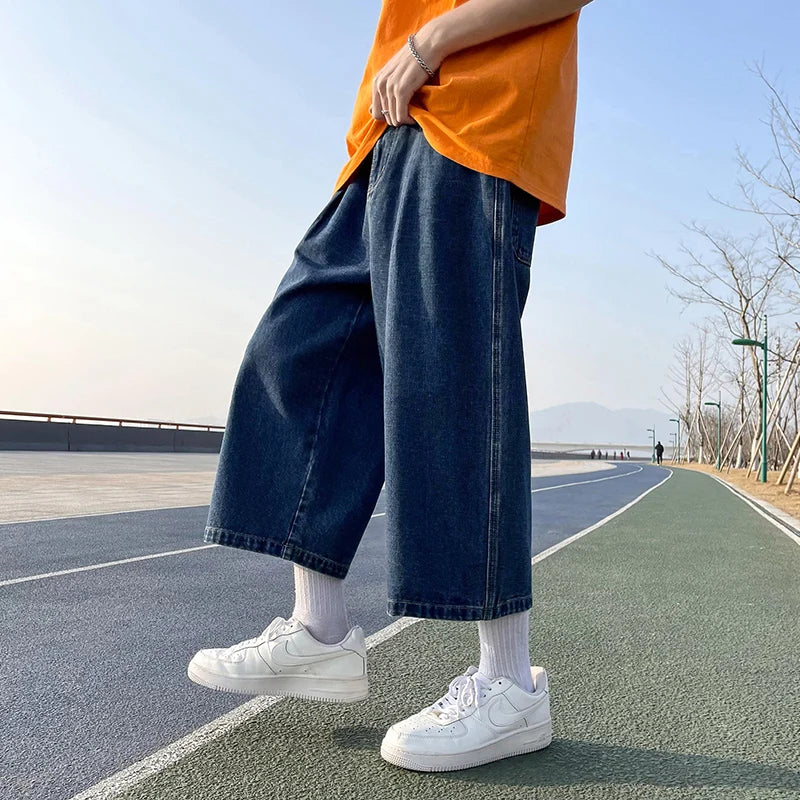 High Quality New Summer Men's Cropped Jeans Loose Straight Leg Casual