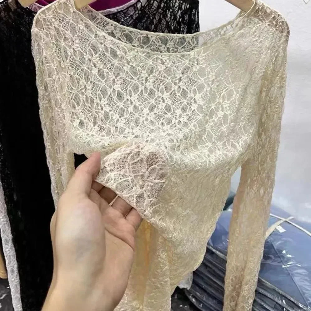 Sexy and slightly transparent black lace shirt women long sleeved