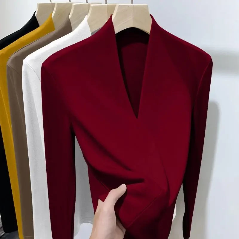 Autumn Winter New Long Sleeve T-Shirts Women Solid V-Neck Plus Velvet