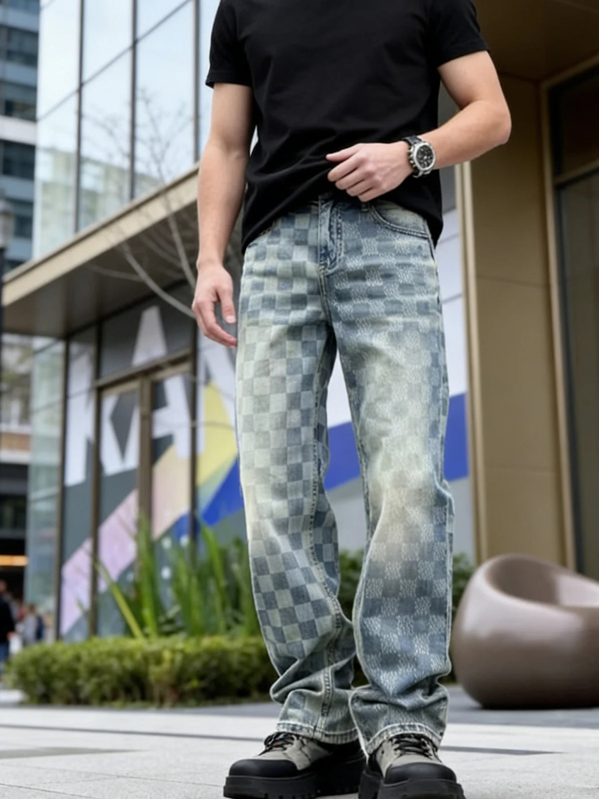 Trendy Street-Style Gradient Checkered Straight-Leg Jeans for Men,