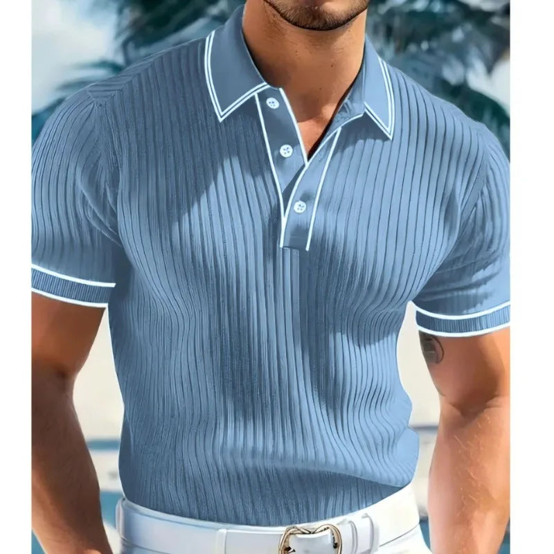 New Men's Short Sleeved Summer Color Blocked Striped Lapel Polo Shirt