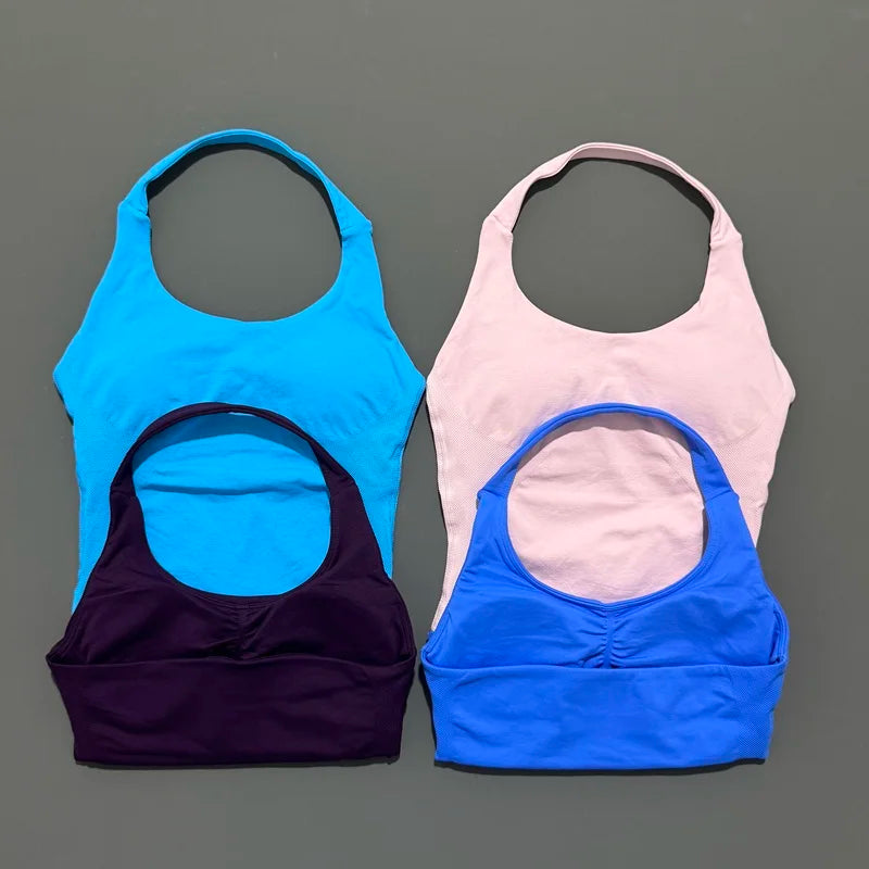 Histello Longline Strappy Top Women Sports Tank Halter Seamless Ruched