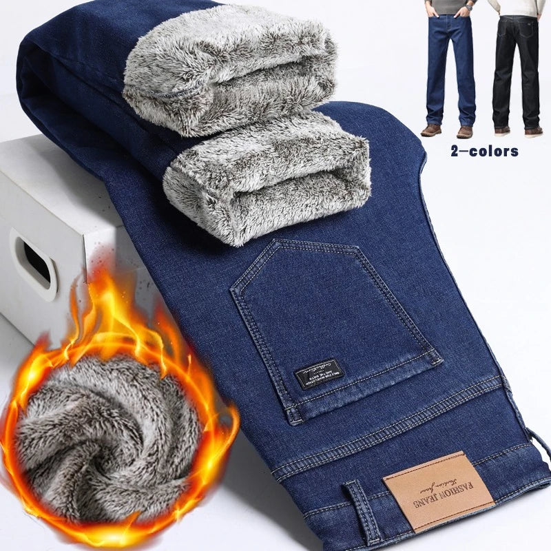 Men's Fleece Lined Thicken Jeans Winter Warm Stretch Slim Fit Denim