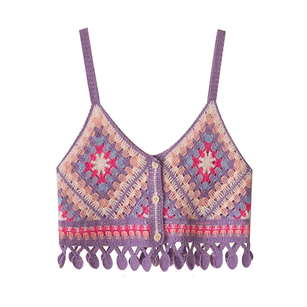 Granny Square Crochet Knit Vest Top Boho Fringed Strappy Crop Cami for