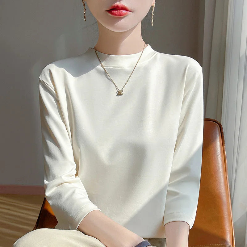 Summer And Autumn New 100% Cotton T-shirt Women's Semi-High-Necked