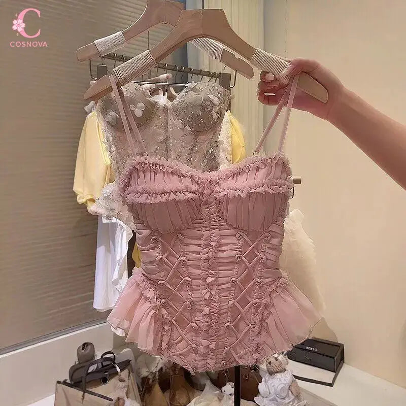 Elegant Sweet Korean Pink Spaghetti Strap Ruched Lace Up Ruffle Trim