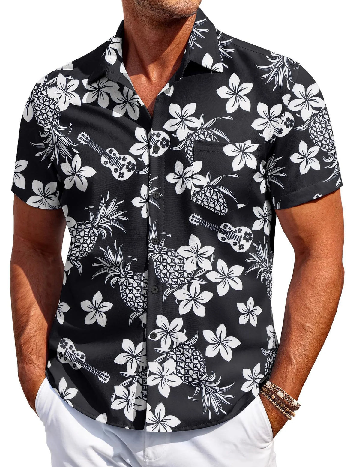 Summer Quick Drying Cool Feeling Cuban Collar Shirt Black and White