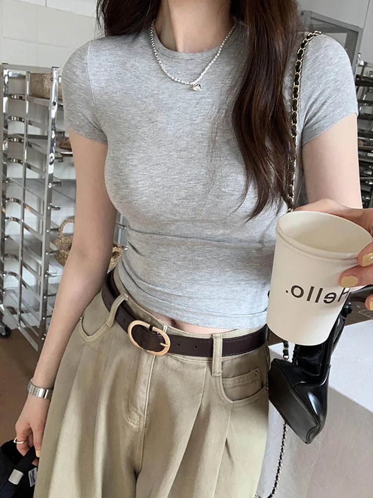 Basic Solid Crop Top Short Sleeve Crewneck Skinny T-shirt Summer