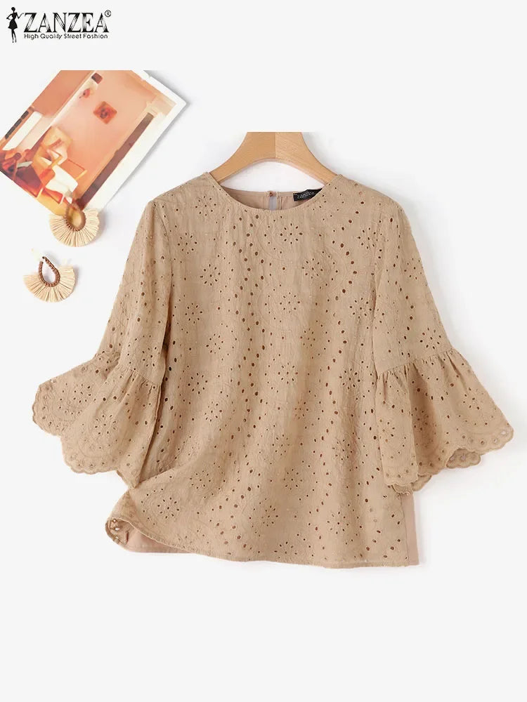 ZANZEA 3/4 Ruffle Sleeve Loose Blusa Women Hollow Out Lace Patchwork