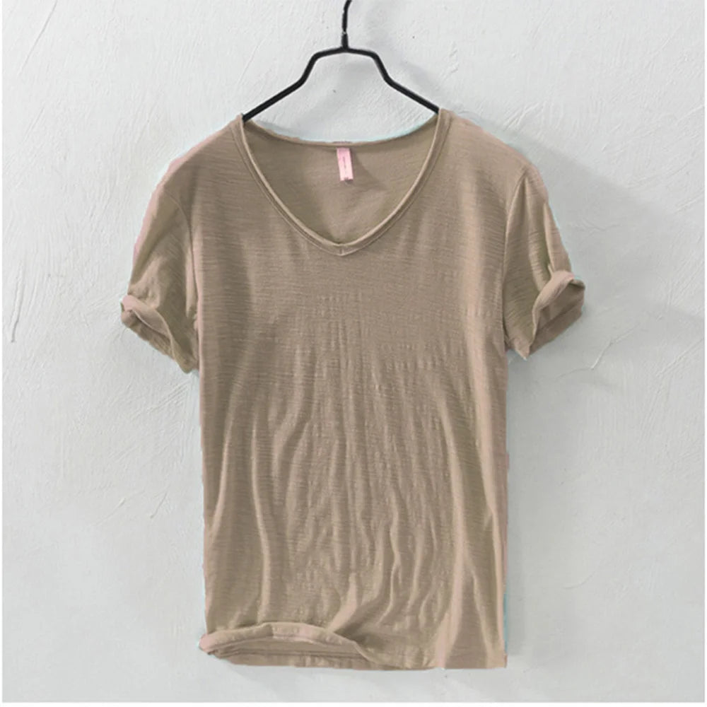 New Mens T Shirt Pure Color V Collar Short Sleeved Tops Tees Men