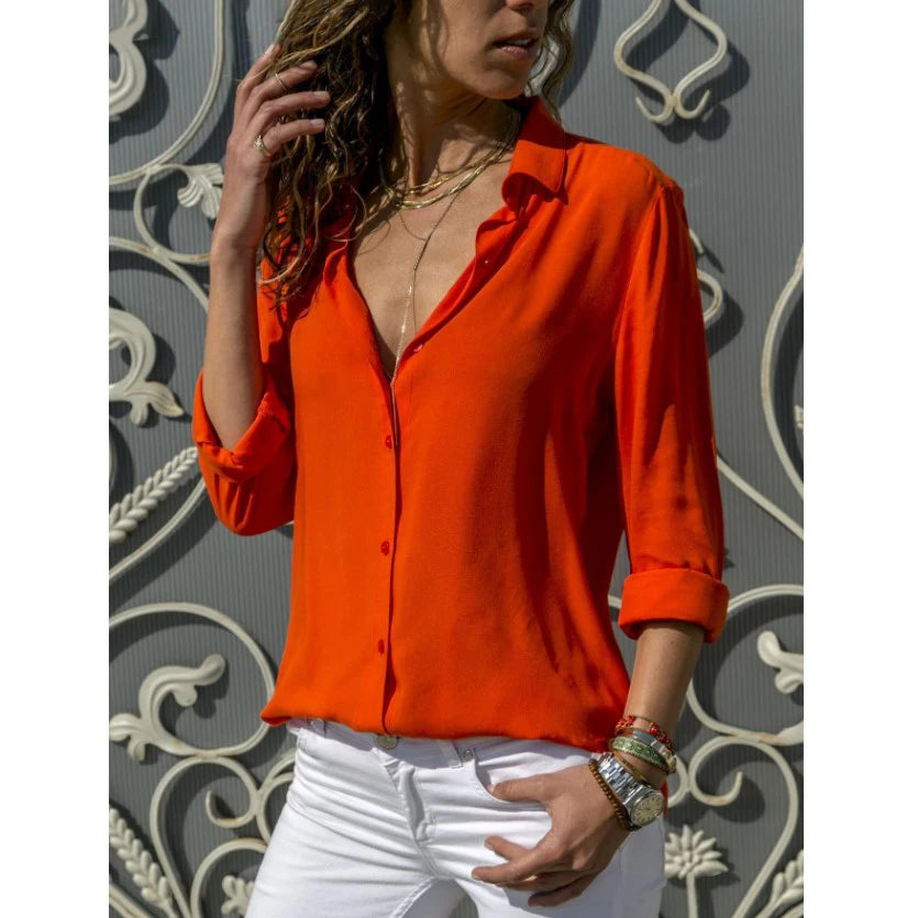 Autumn Shirt Women's Polo Collar Office Lady blouse Vintage Shirt