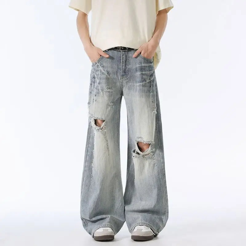 Male Ripped Pants Stretch Solid Blue Casual Men's Wide Leg Trousers