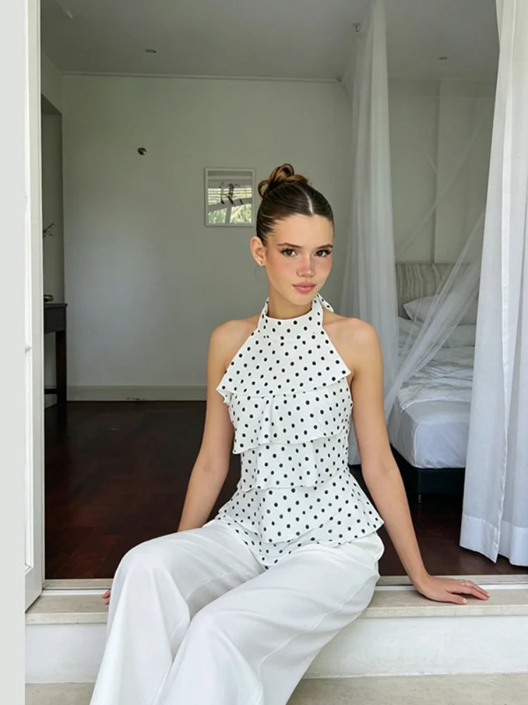 Polka Dot Print Halter Tiered Ruffle Top Women Back Tie Bow Sleeveless