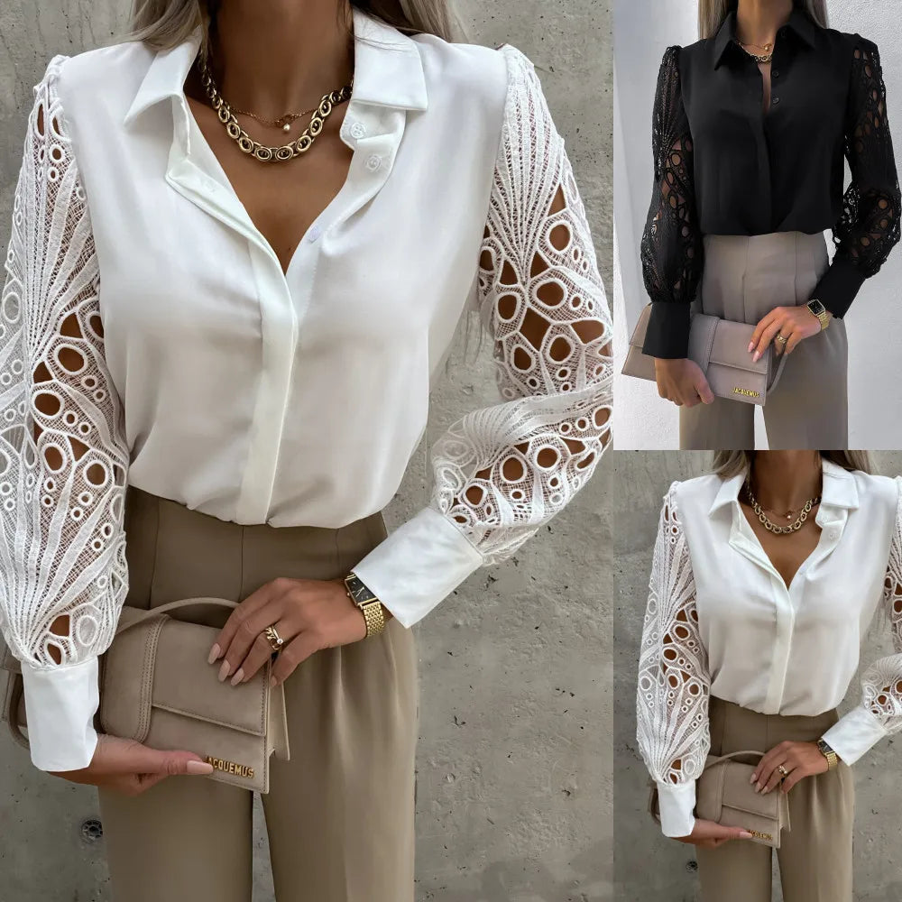 Women Elegant Solid Chiffon Blouse Spring Summer Casual Long Sleeve V